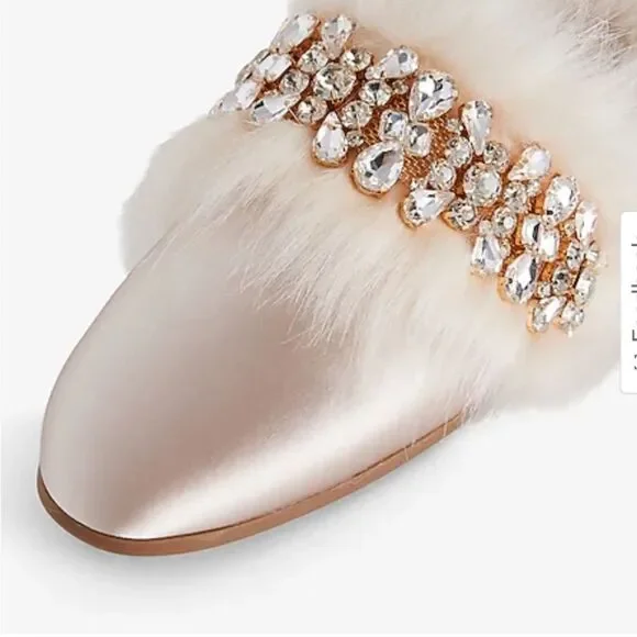 Satin Faux Fur Lined Embellished Slippers size 7-8 - Picture 3 of 5
